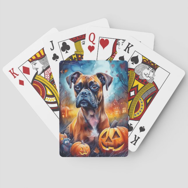 Baraja De Cartas Boxeador de Halloween con calabazas asustado (Reverso)