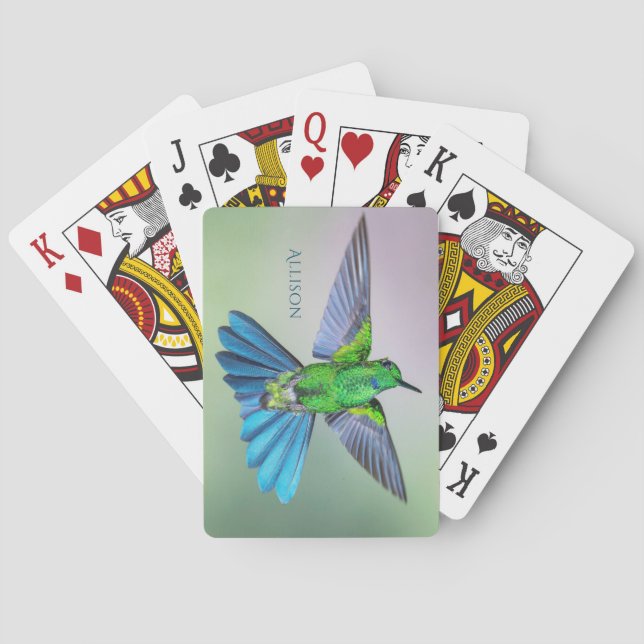 Baraja De Cartas Brillante Hummingbird Volando Nombre Personalizado (Reverso)