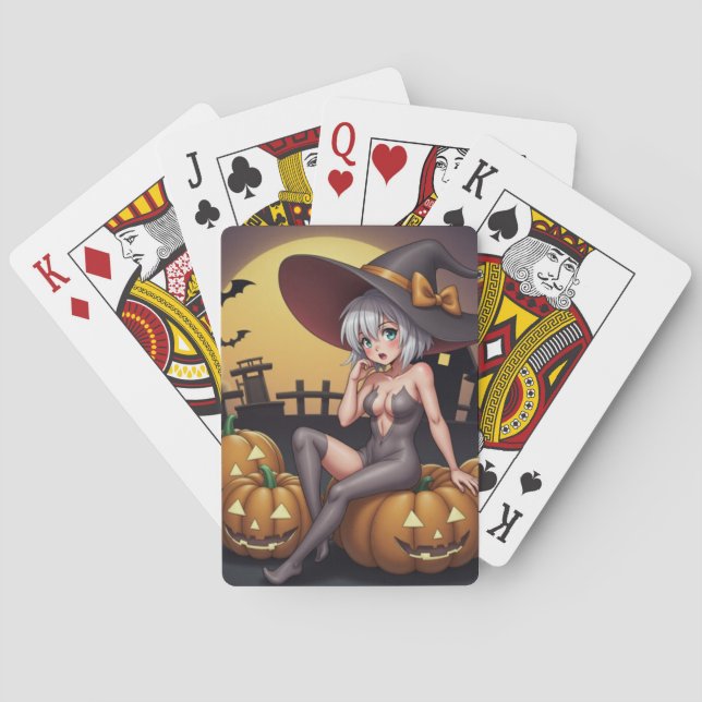 Baraja De Cartas Bruja de Halloween con ojos verdes sobre Jack-O-La (Reverso)