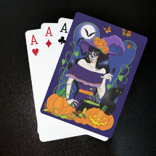 Baraja De Cartas Bruja Elegante de Halloween Calavera de Azúcar Púr