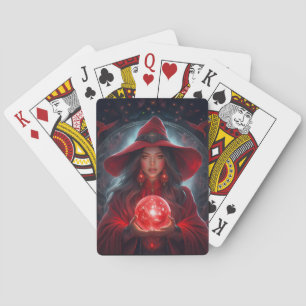 Baraja De Cartas Bruja Roja Con Bola De Cristal Y Fondo Increíble