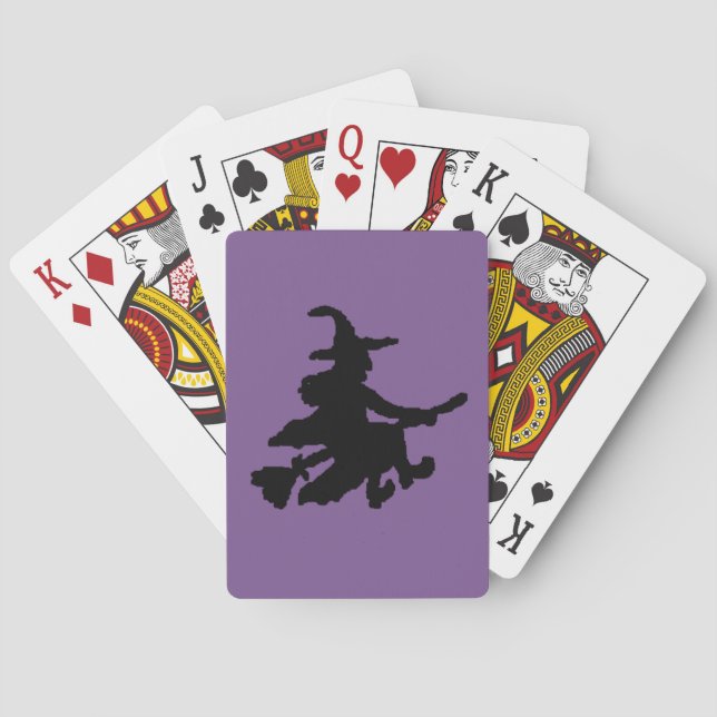 Baraja De Cartas Bruja Voladora Negra sobre Morado (Reverso)