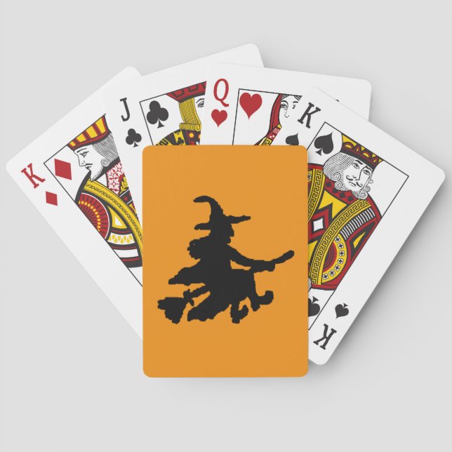 Baraja De Cartas Bruja Voladora Negra sobre Naranja (Reverso)