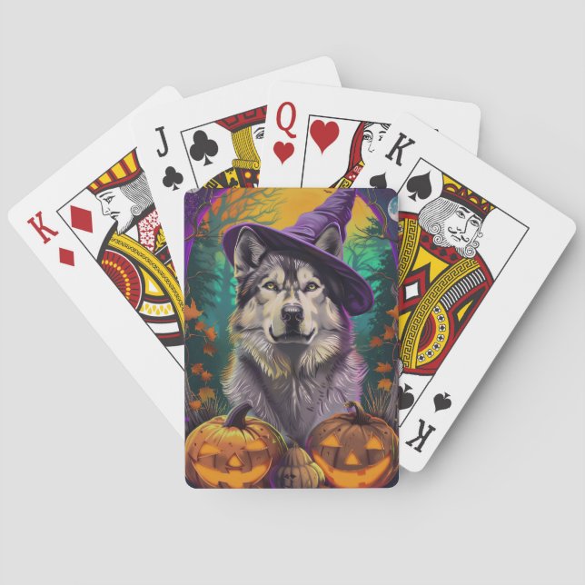 Baraja De Cartas Bruja y calabaza de Halloween en Malamute (Reverso)