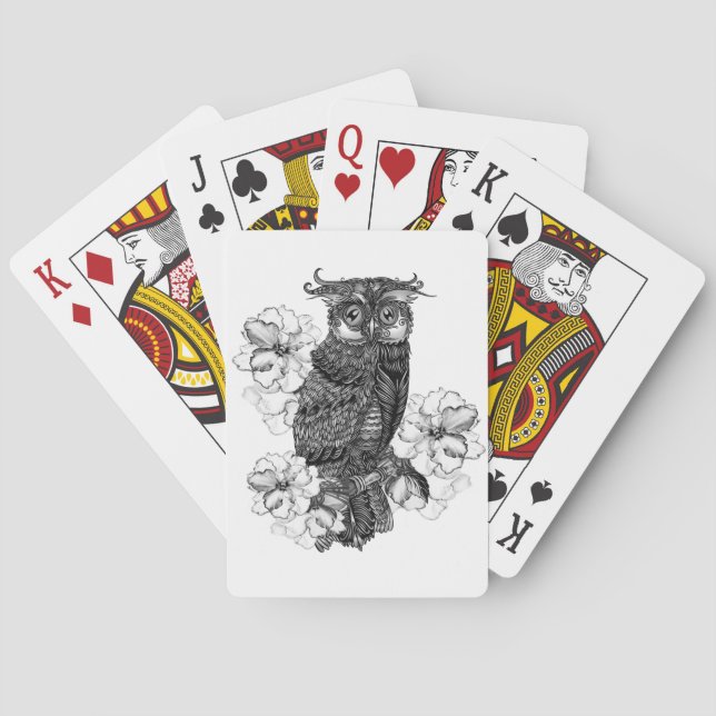 Baraja De Cartas Búho Gris Orquídeas Blancas (Reverso)
