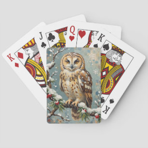 Baraja De Cartas Búho Nevado Vintage con Arte de Guirnalda de Pino 