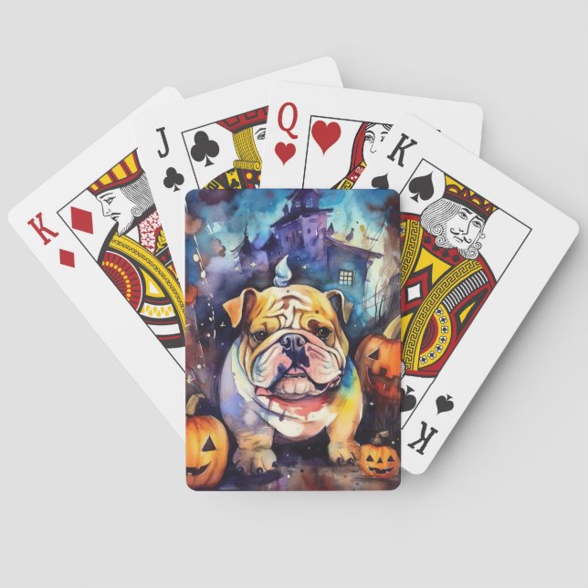 Baraja De Cartas Bulldog de Halloween con calabazas temerosas (Reverso)