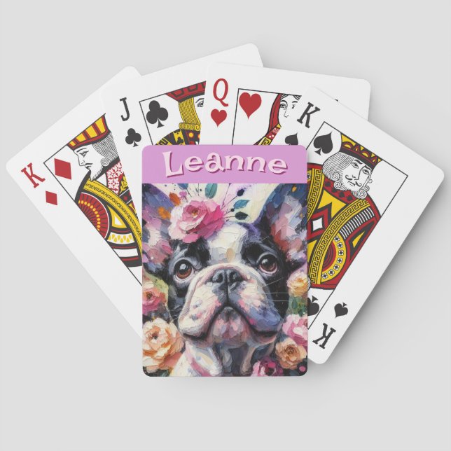 Baraja De Cartas Bulldog francés con Rosas floral personalizado (Reverso)