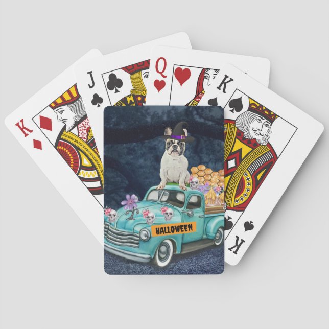 Baraja De Cartas Bulldog francés Halloween Camión Noche de miedo (Reverso)