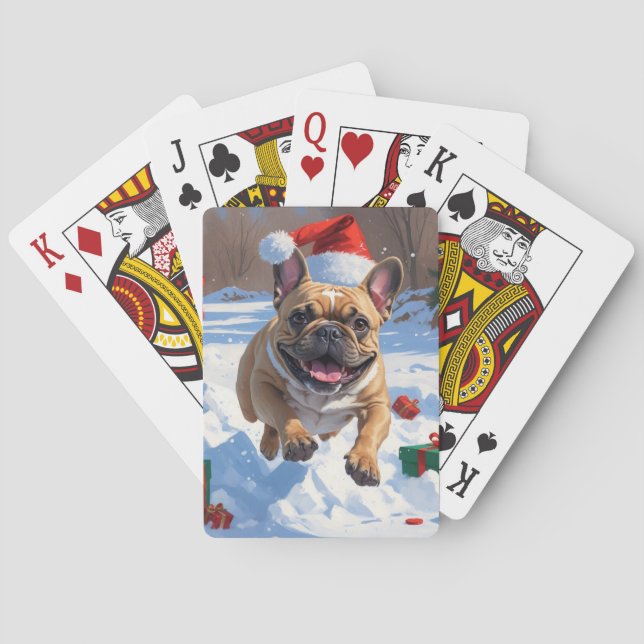 Baraja De Cartas Bulldog francés postula en nieve con Gorra Navidad (Reverso)