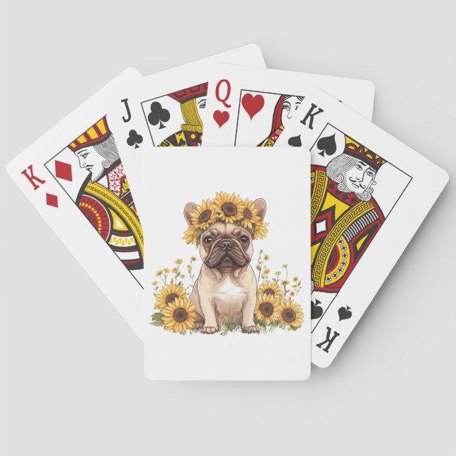 Baraja De Cartas Bulldog francés rodeado de girasoles (Reverso)