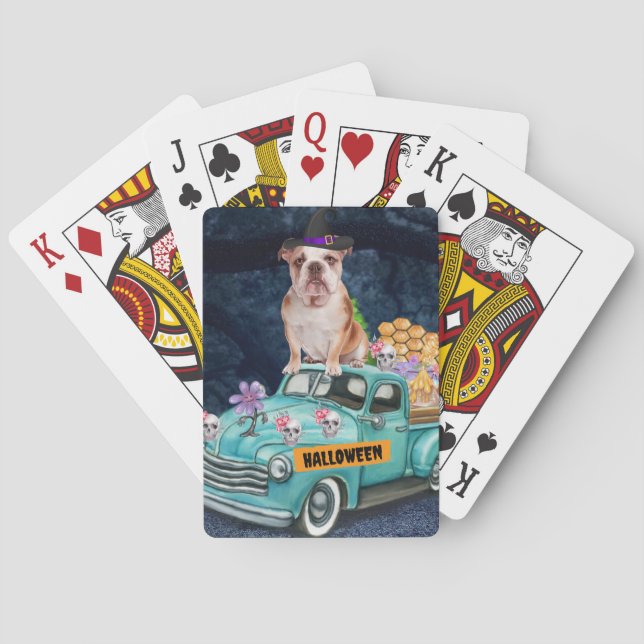Baraja De Cartas Bulldog inglés Halloween Camión noche temerosa (Reverso)