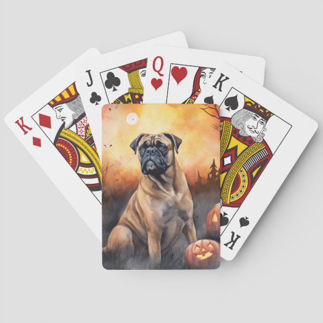 Baraja De Cartas Bullmastiff de Halloween con calabazas aterradoras (Reverso)