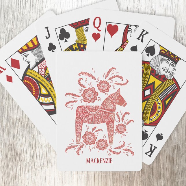 Baraja De Cartas Caballo de dala sueco personalizado (Swedish Dala Horse folk art red and white personalized name playing cards)