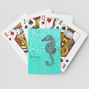 Baraja De Cartas Caballo de mar sobre el patrón de mármol turquesa 