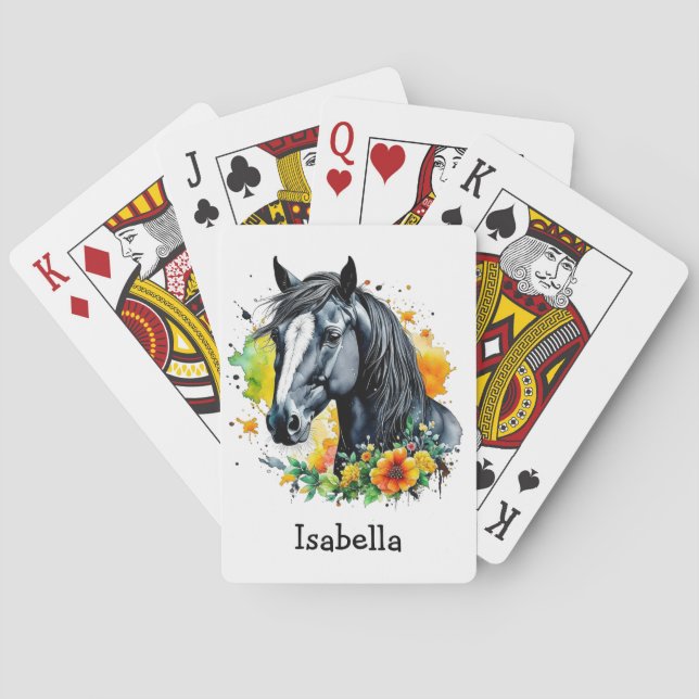 Baraja De Cartas Caballo negro rodeado de flores personalizadas (Reverso)