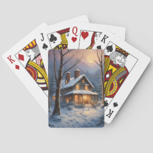 Baraja De Cartas Cabaña de invierno rústica marrón azul Pintura de