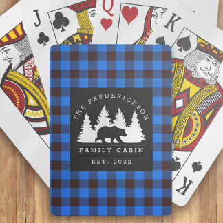 Baraja De Cartas Cabaña de la familia Blue Rustic Plaid Bear Woods