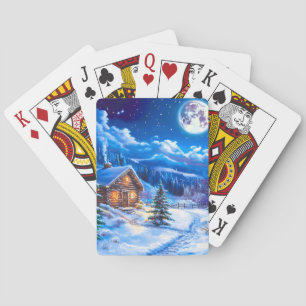 Baraja De Cartas Cabaña en Noche de Navidad Invernal con Luna
