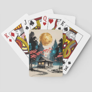 Baraja De Cartas Cabaña iluminada por la luna Arte del bosque japon
