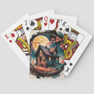 Baraja De Cartas Cabaña iluminada por la luna Arte del bosque japon