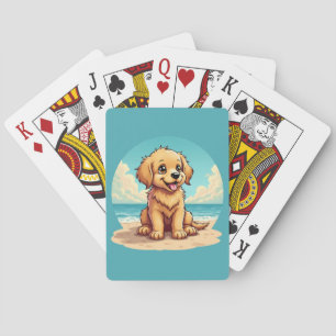 Baraja De Cartas Cachorro Dorado Adorable en una Escena de Playa So
