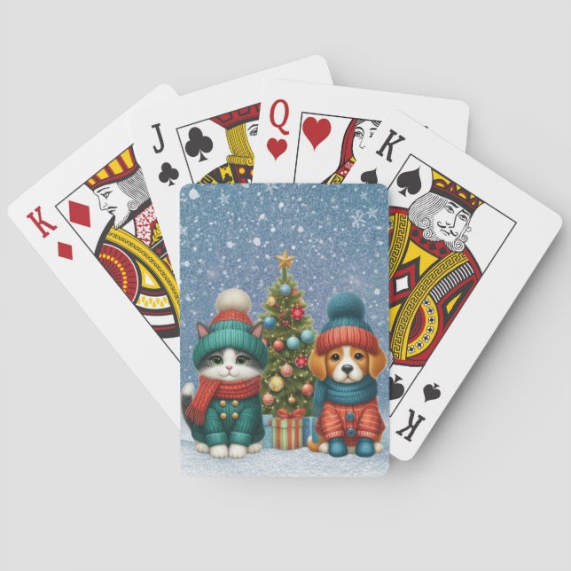 Baraja De Cartas Cachorro y gatito de Navidad lindos (Reverso)
