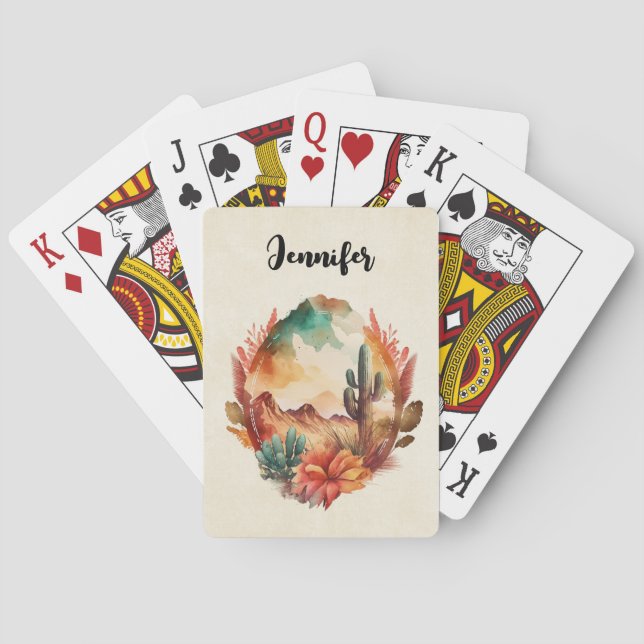 Baraja De Cartas Cactus y montañas del desierto acuarela (Reverso)