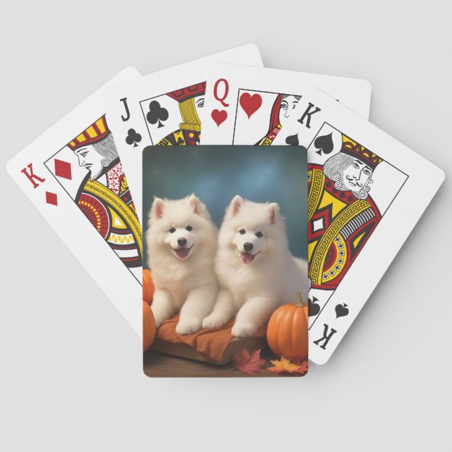 Baraja De Cartas Calabaza deslumbrante Samoyed Puppy Autumn (Reverso)