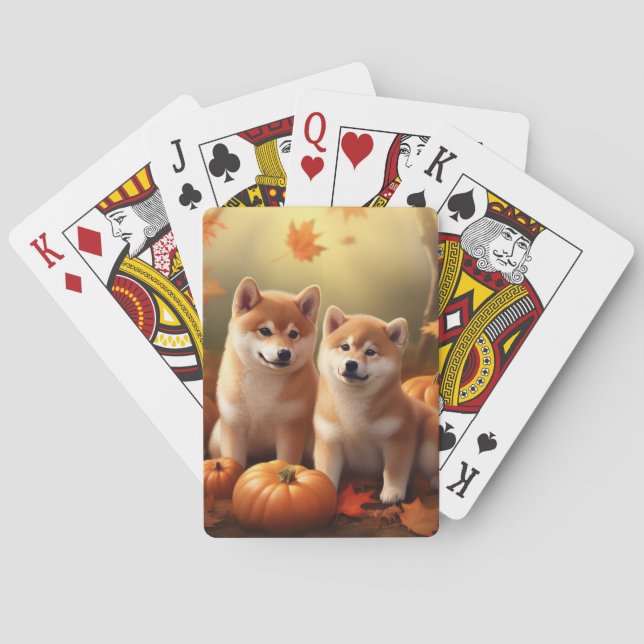Baraja De Cartas Calabaza deslumbrante Shiba Inu Puppy Otoño (Reverso)
