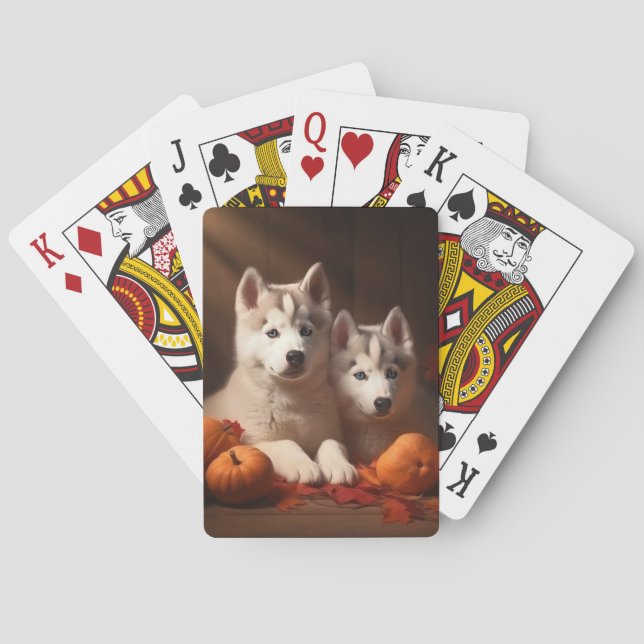 Baraja De Cartas Calabaza deslumbrante siberiana Husky Puppy otoño (Reverso)