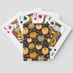 Baraja De Cartas Calabazas acuarelas: Patrón sin foco de otoño.