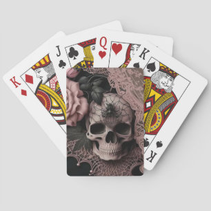 Baraja De Cartas Calavera con encaje rosado y flor rosa suave