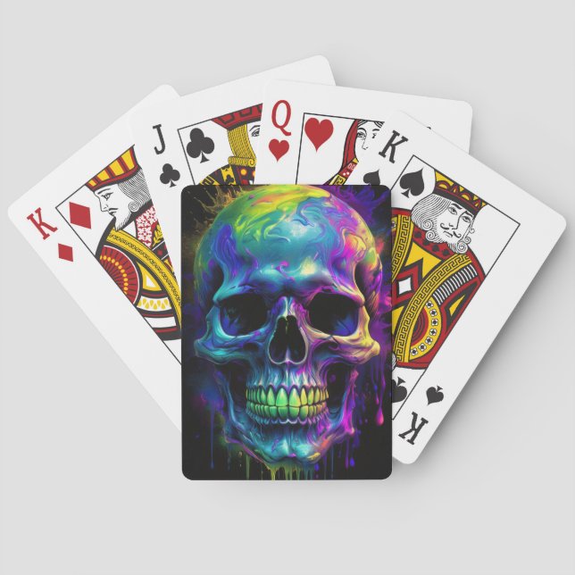 Baraja De Cartas Calavera con pintura de arco iris goteo (Reverso)