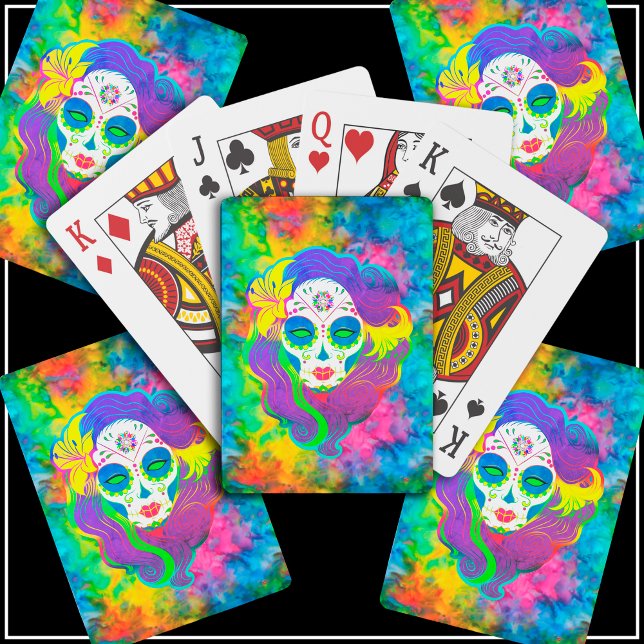 Baraja De Cartas [Calavera de azúcar psicodélica] Arco de arcoiris  (Psychedelic Sugar Skull Tie-Dye Playing Cards, exclusively by Col's Creations)