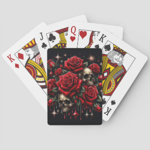 Baraja De Cartas Calaveras doradas y rosas rojas brillan con glamou