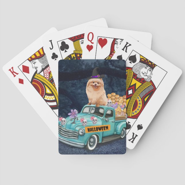 Baraja De Cartas Camión de Halloween de perro de Pomerania (Reverso)