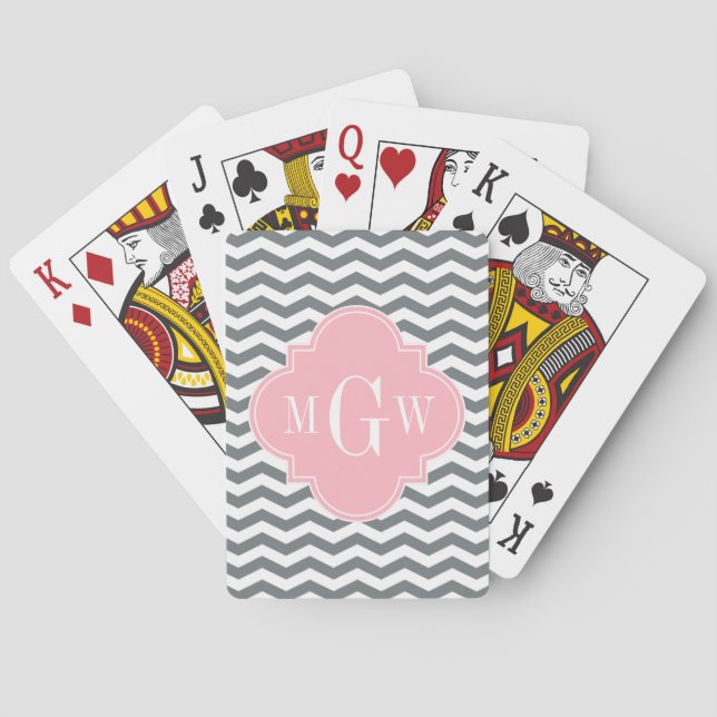 Baraja De Cartas Carbón Chevron Delgado Quatrefoil Rosa 3 Monograma (Reverso)