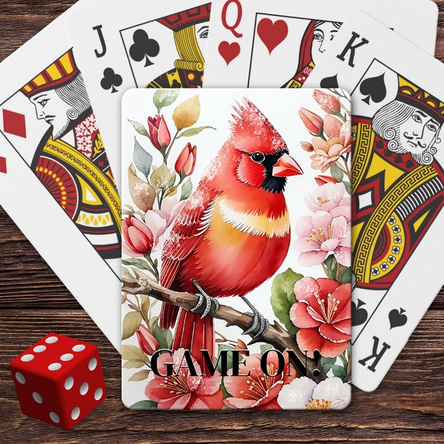 Baraja De Cartas Cardenal navidad en Nieve (Deck of playing cards featuring a painting of a Christmas cardinal with snow sprinkles.)