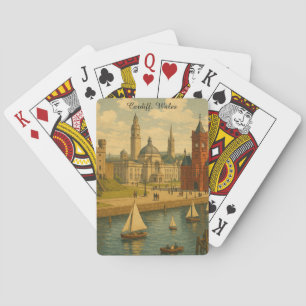Baraja De Cartas Cardiff de viaje vintage, Wales Landmarks Retro