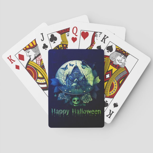 Baraja De Cartas Casa gótica morada verde feliz Halloween (Reverso)