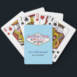 Baraja De Cartas Casado en el fabuloso Monograma Boda de Las Vegas<br><div class="desc">Estos personalizados únicos y divertidos,  "Casados en Fabulous Las Vegas",  ofrecen un monograma de los nombres de la novia y del novio,  fechas de boda y un fondo azul claro. Color de diseño negro,  blanco,  rojo,  azul,  amarillo y gris.</div>