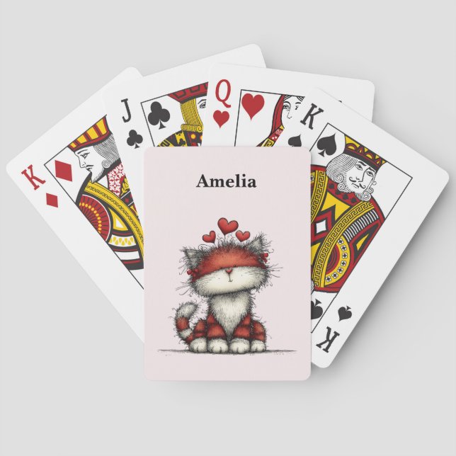 Baraja De Cartas Cat with Red Hearts Cute and Fun (Reverso)