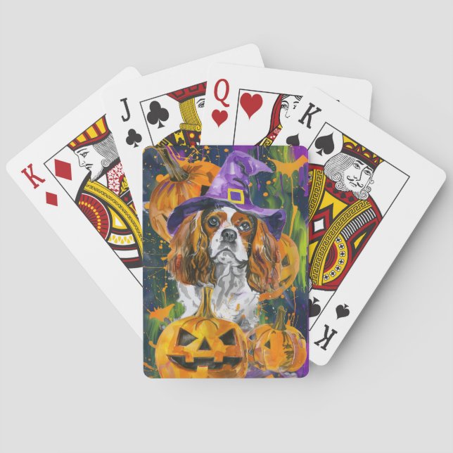 Baraja De Cartas Cavalier King Dog Halloween Bruja Y Calabaza (Reverso)