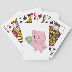 Baraja De Cartas Cerdo Rosa Sosteniendo Efectivo Dando Pulgar Hacia