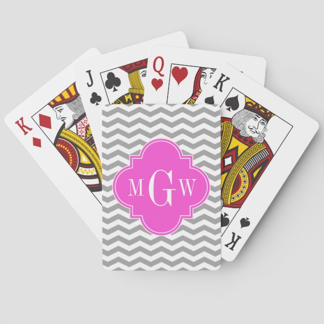 Baraja De Cartas Chevron Gris Quatrefoil Rosa Caliente 3 Monogramo  (Reverso)