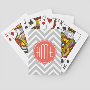 Baraja De Cartas Chevron gris y monograma de encargo coralino