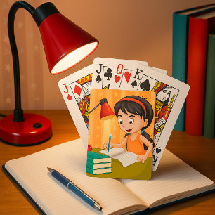 Baraja De Cartas Chica estudiando en escritorio haciendo tareas