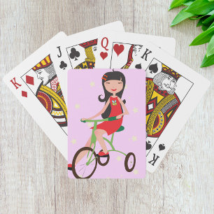Baraja De Cartas Chica Linda Montada en un Triciclo Dibujo Animado