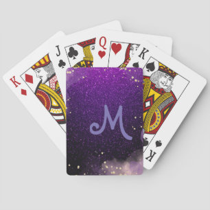 Baraja De Cartas chispas monogramadas de purpurina morado oscuro